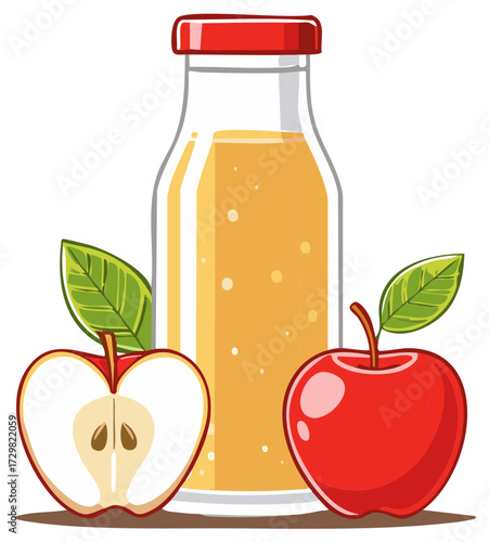 Fresh Apple Juice in a Glass Bottle with Whole and Halved Apples