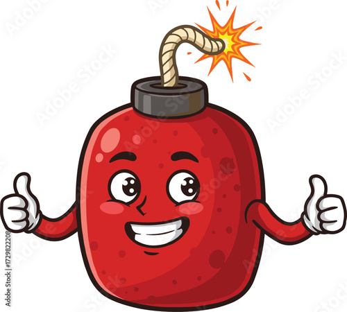 Cartoon bomb character illustration with smiling face, explosive fuse and thumbs up gesture, funny mascot vector design, playful dangerous object artwork, comic style graphic