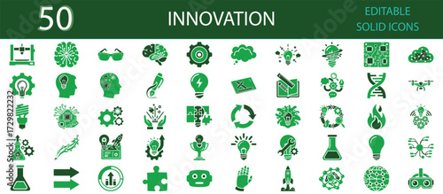Innovation solid icons set. Creative technology, invention, research, idea, startup, light bulb, laboratory, and future solutions. Editable solid symbols for modern design
