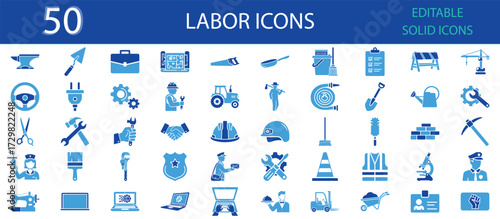 Labor solid icons set. Worker, tools, construction, factory, farming, repair, industry, and craftsmanship. Editable solid symbols for labor day, work, and employment design