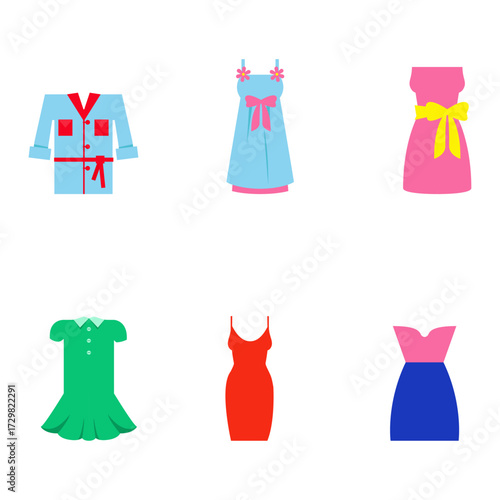 Collection of colorful casual dresses and robe icons in a clean flat design style