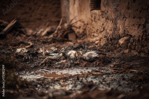 Crumbling Ground and Debris Illuminated - Atmospheric, Moody, and Textured Scene.