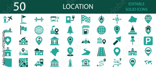 Location solid icons set. GPS, map, navigation, compass, pin, travel, landmarks, and global positioning. Editable solid symbols for maps, destinations, and geolocation design