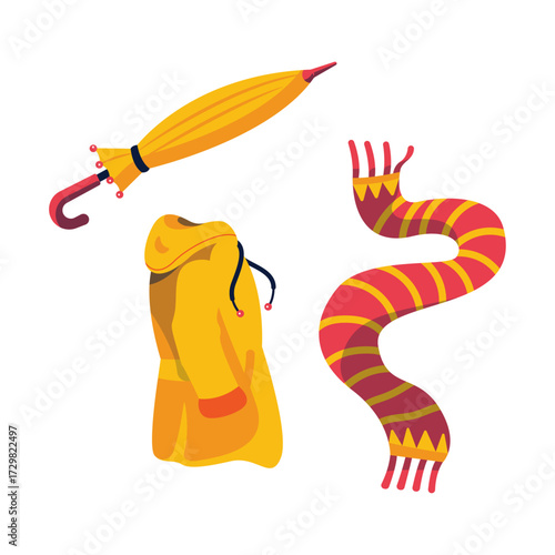 Autumnal Apparel Essentials Yellow Raincoat, Vibrant Scarf, and Sunny Umbrella