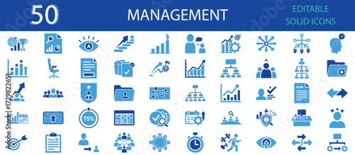 Management solid icons set. Leadership, planning, teamwork, project, business strategy, growth, organization, and performance. Editable solid symbols for office and corporate design