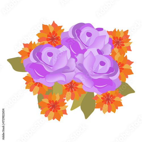 Purple Roses and Marigolds Floral Arrangement Illustration - Delicate Blooms