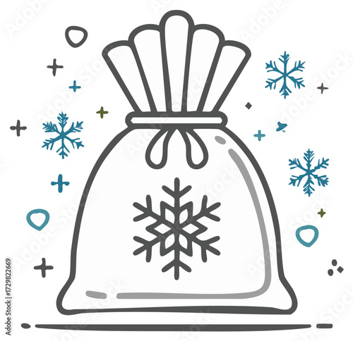 A hand drawn doodle icon of a festive gift sack with a snowflake symbol surrounded by winter elements