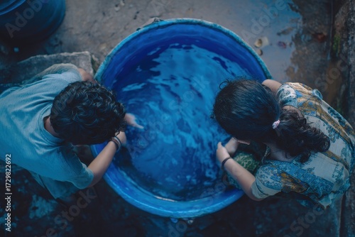 Curious Children Lean Over Vibrant Blue Water in a Circular Tub, Top-Down View.
