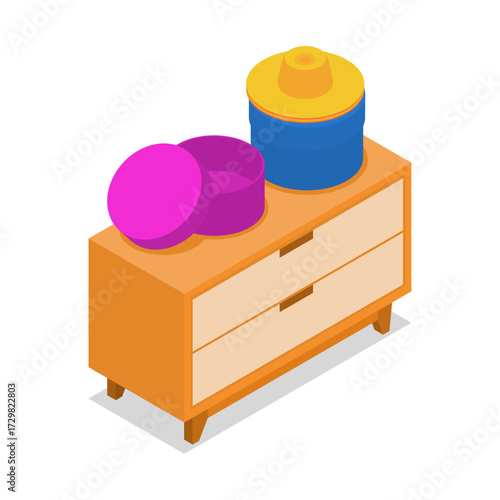 Isometric wooden dresser with pink and blue storage containers on white background