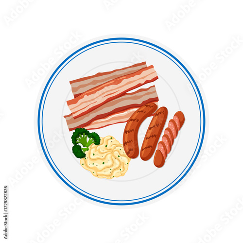 Delicious Breakfast Plate with Bacon, Sausages, Mashed Potatoes, and Broccoli Illustration