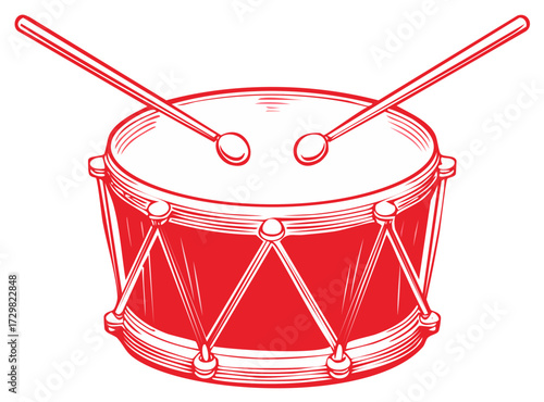 Red drum with drumsticks illustration, musical percussion instrument with lines, sticks, and ropes