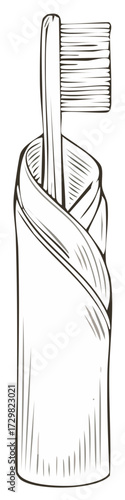 Toothbrush wrapped in a towel, monochrome illustration for oral hygiene.