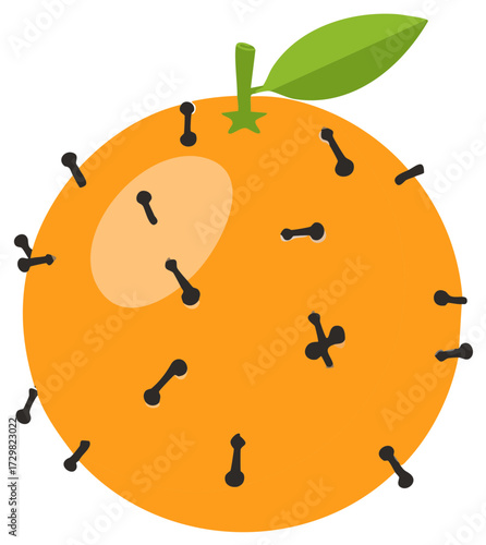 Whole orange fruit studded with dark cloves and a green leaf on a stalk