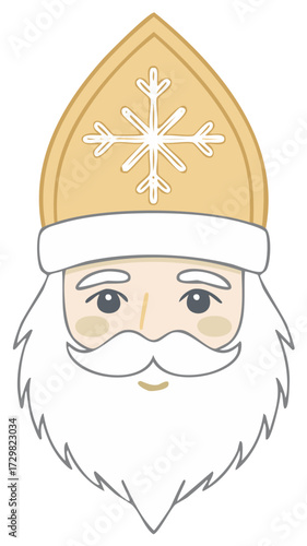 Stylized Image of a Bishop Face with Mitre and Snowflake Decoration