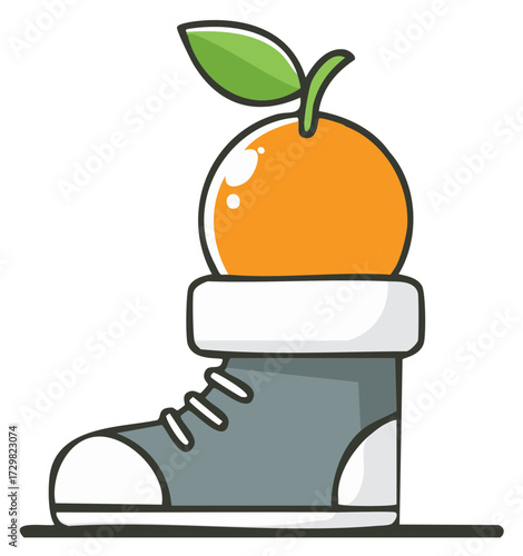 Quirky cartoon illustration of a fresh orange fruit with a leaf inside a grey sneaker