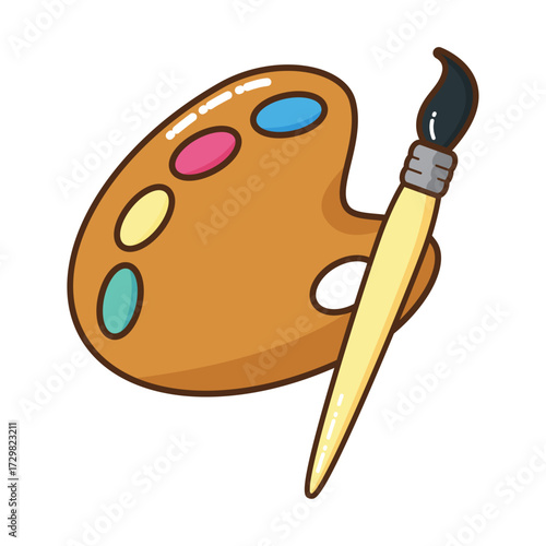 Artistic wooden palette with vibrant colors and a paintbrush ready for creative painting