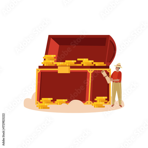 A man in a hat standing next to a treasure chest overflowing with gold coins
