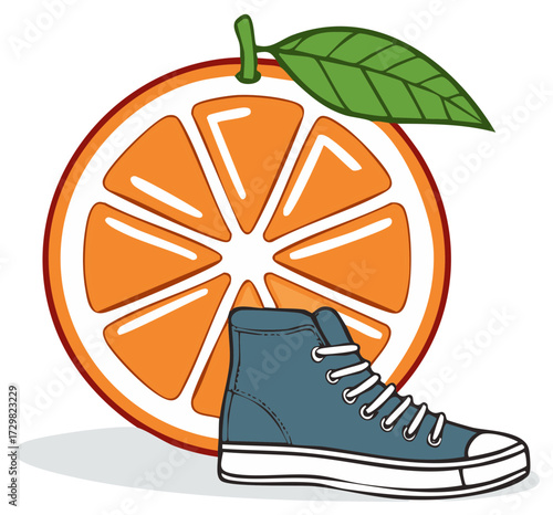 Blue Sneaker Shoe Stands Next to an Orange Citrus Fruit Slice with Green Leaf Cartoon Illustration