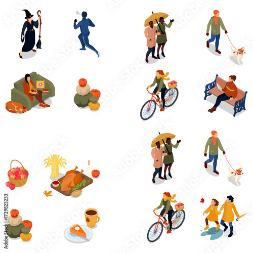 Set of isometric illustrations of people enjoying autumn activities and holidays