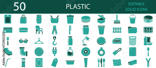 Plastic solid icons set. Bottle, bag, container, straw, recycling, packaging, waste, pollution, utensils, plastic chair, cover and household products. Editable solid icon pack