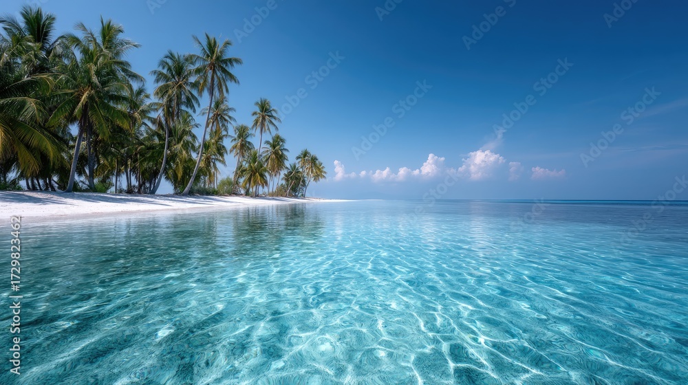 Fototapeta premium Tropical Paradise Island with Turquoise Water and Palm Trees Clear Blue Sky Creates a Dreamy Beach Destination Getaway Location with Reflection in Water