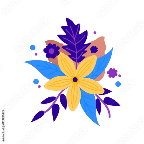 Vibrant floral illustration with yellow flower, blue leaves, and purple accents