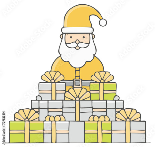 Cartoon illustration of Santa Claus character and many gifts.