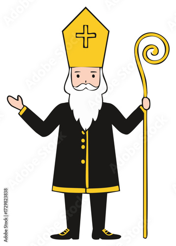 A friendly cartoon of Saint Nicholas or a bishop with a long white beard wearing a mitre and holding a crosier