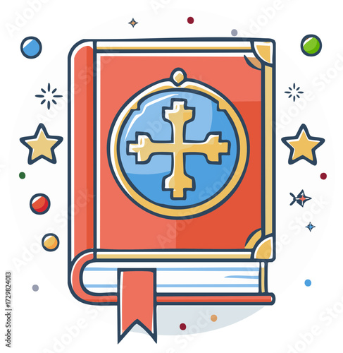 Stylized red book with golden cross emblem and bookmark spiritual knowledge fantasy concept