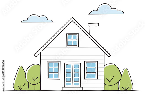 Minimalist Hand-Drawn White Home with a Chimney and Trees Illustration with Clouds Overhead in a Simple Style