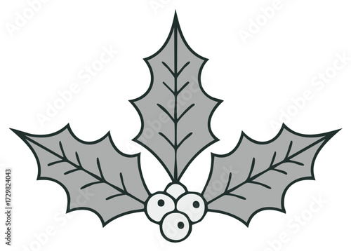 Stylized Gray Holly Leaves and Berries Winter Holiday Decoration Graphic Element