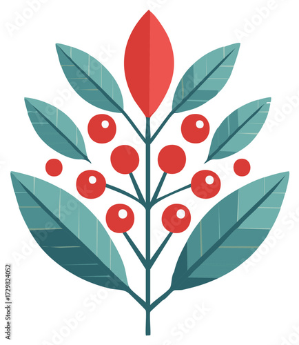 Stylized Berry Branch with Red Berries and Teal Leaves Botanical Illustration