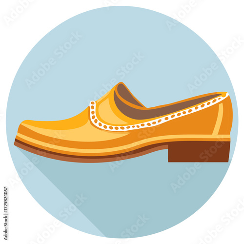 Yellow formal men's dress shoe flat design icon with long shadow
