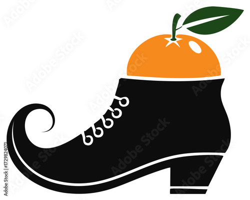 Whimsical illustration of a black boot with orange fruit and green leaf
