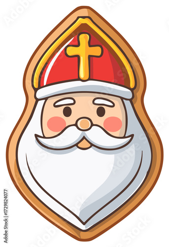 Festive cartoon illustration of a traditional holiday bishop figure with white beard and miter