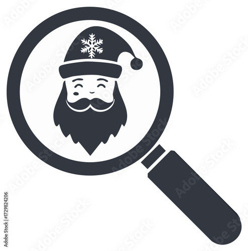 Festive searching with a magnifying glass over Santa, seasonal icon or finding a gift