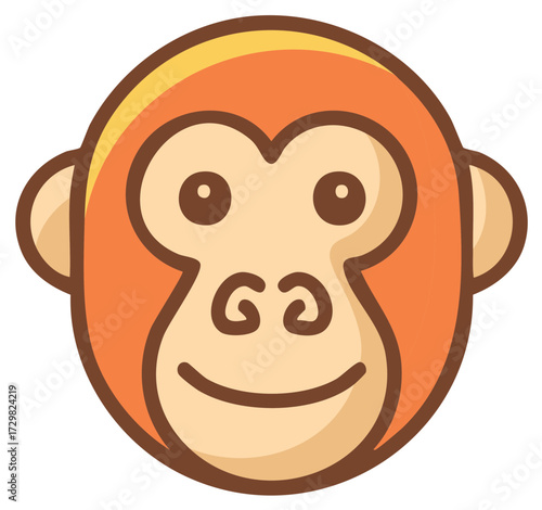 Cartoon Illustration of Monkey Face in Brown and Orange with Rounded Features and Smiling Expression