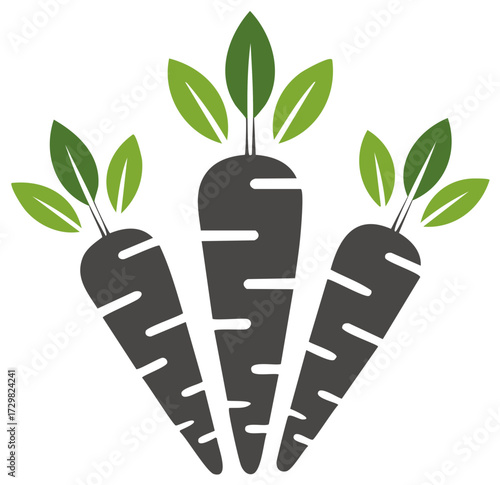 Stylized illustration of three carrots with green leaves