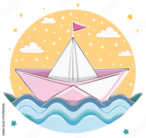 Paper boat sailing on the sea with sky and clouds design
