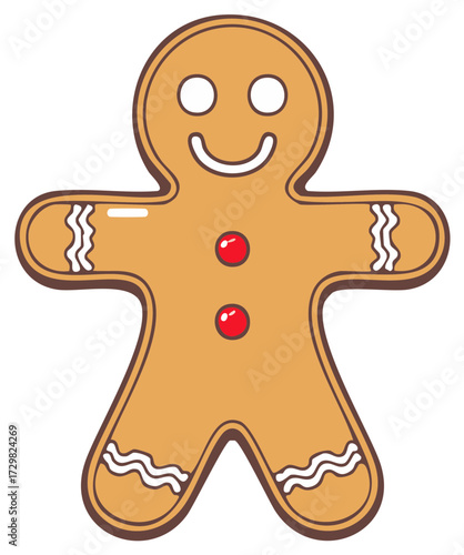 Smiling gingerbread man graphic with red button details for Christmas festivities