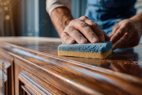 Dedicated Hands Polishing Ornate Wooden Furniture with Sponge for a High Shine.