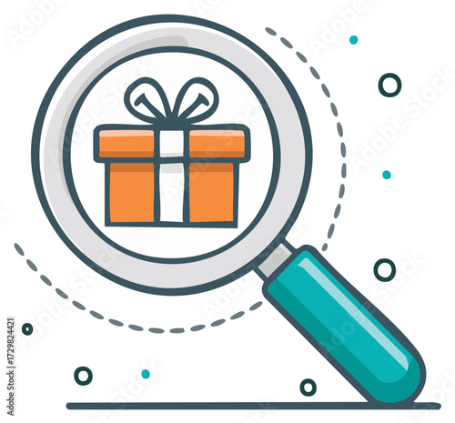 Searching for the perfect gift concept with a magnifying glass over a present box illustration