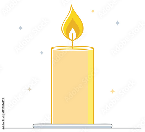 Illuminated Yellow Candle with Glowing Flame and Minimalist Design on White Background