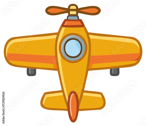 Cute Yellow Propeller Airplane with Orange Stripes Cartoon Illustration Top View