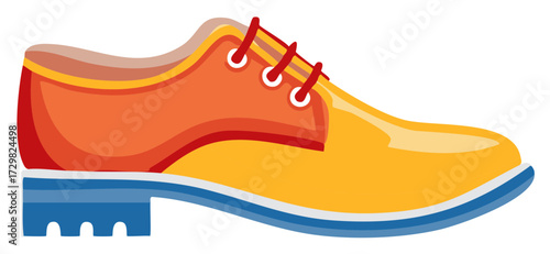 Stylish orange and yellow mens dress shoe with red laces in colorful vector illustration.