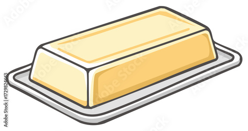 Stylized yellow butter stick on a simple serving plate for breakfast or cooking ingredient