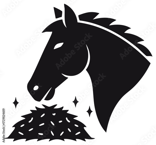 Horse silhouette eating hay, black and white vector illustration