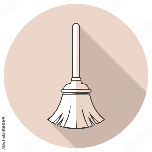 Broom Cleaning Tool Icon Line Illustration on Pink Circle with Long Shadow