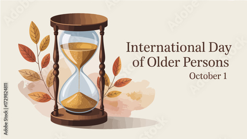 Celebrate International Day of Older Persons this October with a timeless hourglass, honoring wisdom and experience with elegant autumn leaves and warm, neutral tones