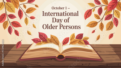 Celebrate International Day of Older Persons on October 1st with a heartwarming design featuring an open book and festive autumn leaves for thoughtful greetings and event promotions